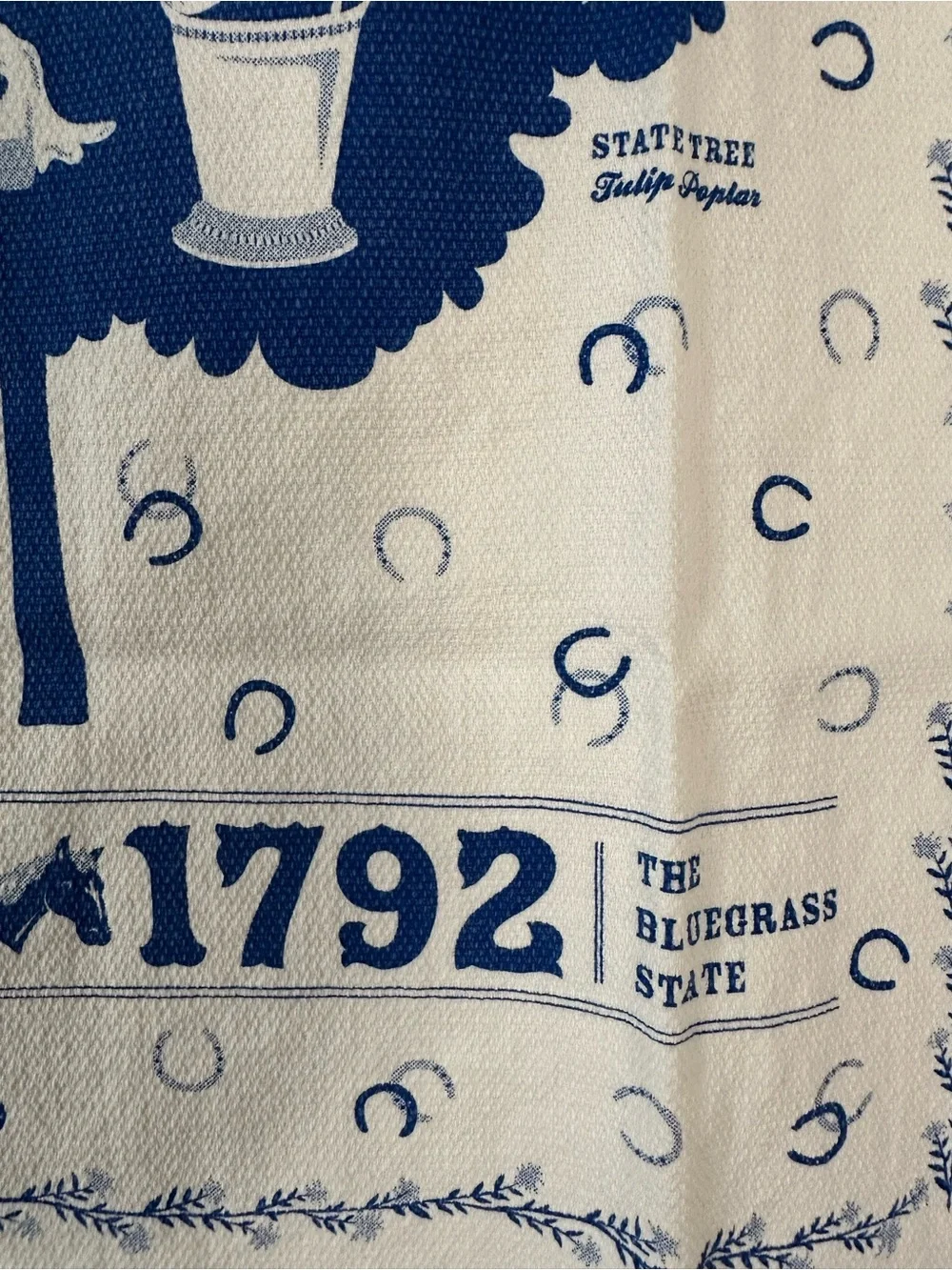Old Home Kentucky dish towel blue white Daniel Boone horseshoe souvenir novelty